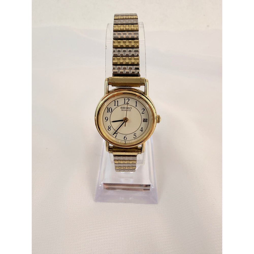 Seiko Quartz 3E22-0069 Womens Watch Gold Tone Two Tone Expansion Band Date Dial